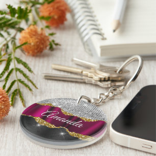 Chic faux silver glitter Fuchsia black monogram Keychain