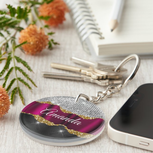Chic faux silver glitter Fuchsia black monogram Keychain (Front Right)