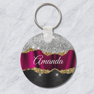 Chic faux silver glitter Fuchsia black monogram Keychain