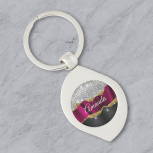 Chic faux silver glitter Fuchsia black monogram Keychain