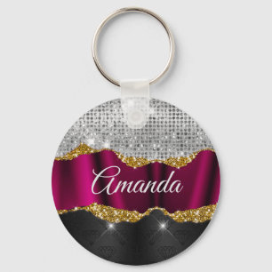 Chic faux silver glitter Fuchsia black monogram Keychain