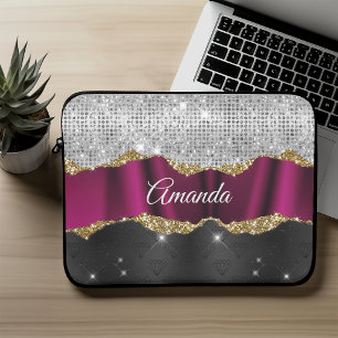 Chic faux silver glitter Fuchsia black monogram Laptop Sleeve