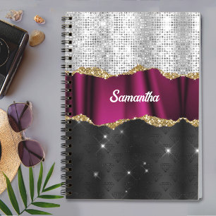 Chic faux silver glitter Fuchsia black monogram Notebook