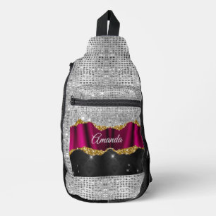 Chic faux silver glitter Fuchsia black monogram Sling Bag