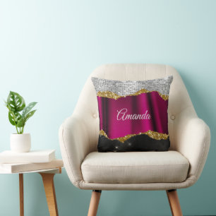 Chic faux silver glitter Fuchsia black monogram Throw Pillow