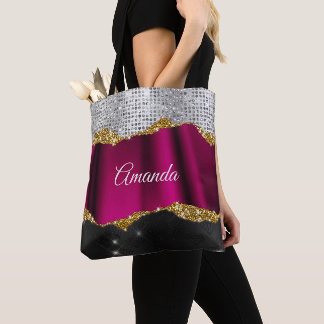 Chic faux silver glitter Fuchsia black monogram Tote Bag (Close Up)