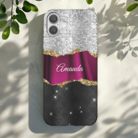 Chic faux silver glitter pink black monogram