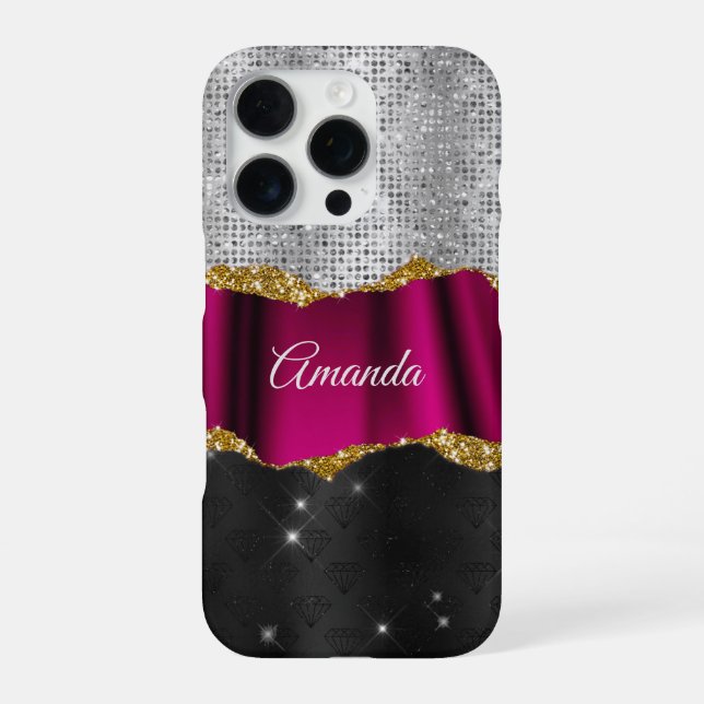 Chic faux silver glitter pink black monogram iPhone case (Back)