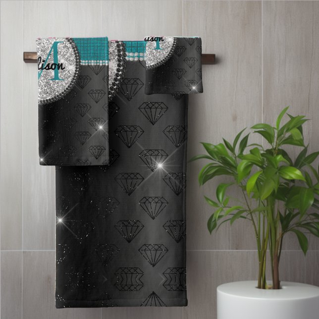 Chic faux Silver Glitter Turquoise Black monogram Bath Towel Set (Creator Uploaded)