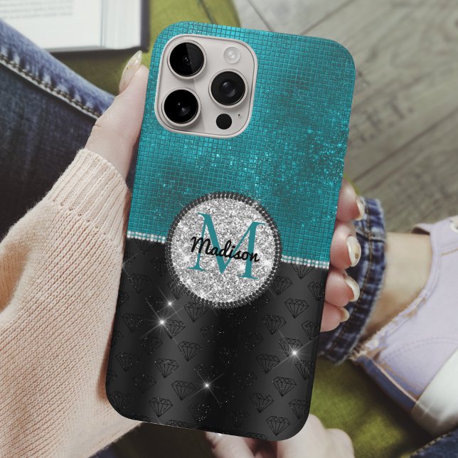 Chic faux Silver Glitter Turquoise Black monogram Case-Mate iPhone Case (Creator Uploaded)