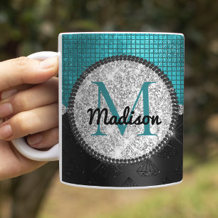 Chic faux Silver Glitter Turquoise Black monogram Coffee Mug