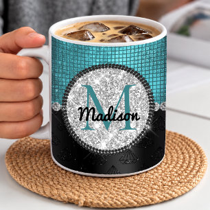 Chic faux Silver Glitter Turquoise Black monogram Coffee Mug