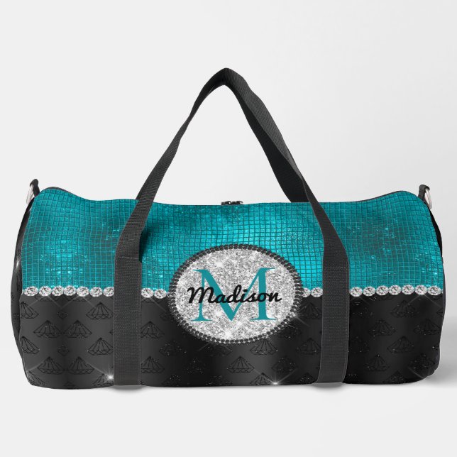 Chic faux Silver Glitter Turquoise Black monogram Duffle Bag (Front)