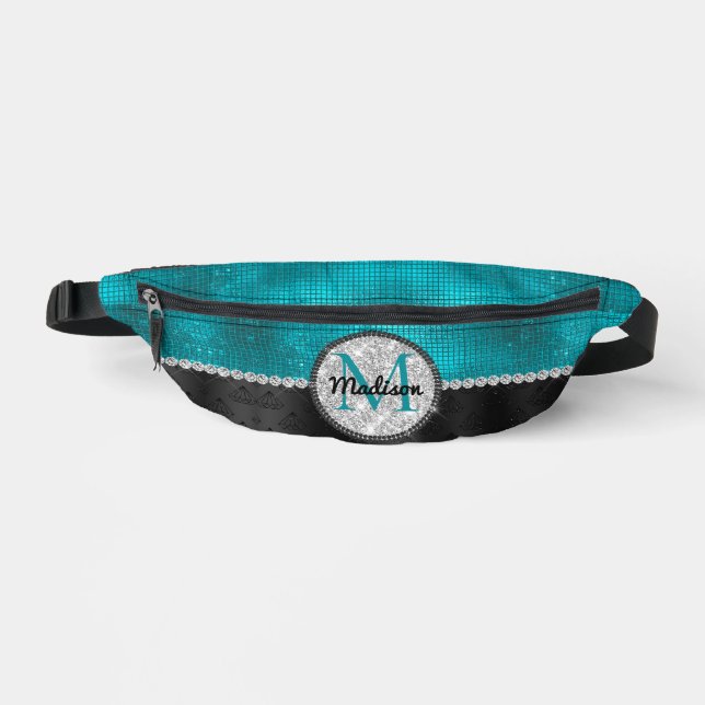 Chic faux Silver Glitter Turquoise Black monogram Fanny Pack (Front)