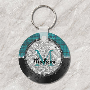 Chic faux Silver Glitter Turquoise Black monogram Keychain