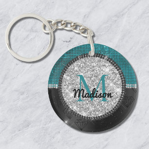 Chic faux Silver Glitter Turquoise Black monogram Keychain