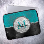 Chic faux Silver Glitter Turquoise Black monogram Laptop Sleeve<br><div class="desc">Pretty chic and elegant girly faux glitter bling in teal turquoise, black and silver to create a special unique stylish Laptop sleeve. Add some style to your office, desk, or personal space with a Chic and stylish custom name and monogram Laptop sleeve.. personalize it with a script name and monogram....</div>