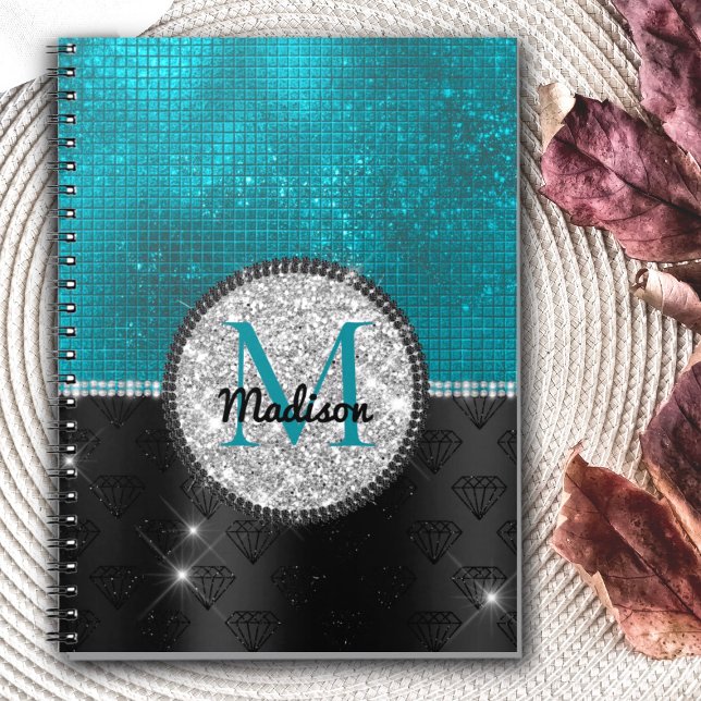 Chic faux Silver Glitter Turquoise Black monogram Notebook (Creator Uploaded)