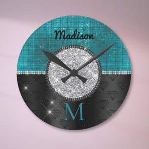 Chic faux Silver Glitter Turquoise Black monogram Round Clock