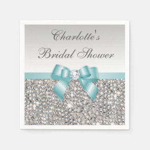 Chic Faux Teal Bow Silver Sequins Bridal Shower Napkin