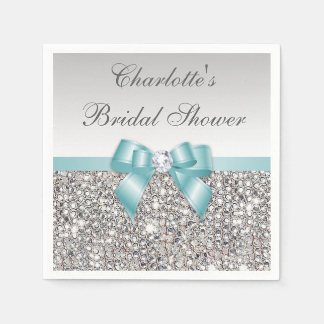 Chic Faux Teal Bow Silver Sequins Bridal Shower Napkin (Front)