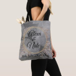 Chic Feathers Floral Wreath Wedding Tote Bag<br><div class="desc">Chic silver feathers on a shimmery silver backdrop combined with a gold elegant floral wreath where you can customize it creating sleek romantic vibes.</div>