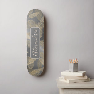 Chic Feathers on Sleek Silver Personalized Skatebo Skateboard