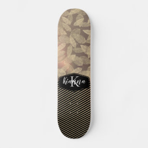 Chic Feathers with Gold Stripes Monogram         Skateboard