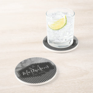 Chic Feathers with Silver Stripes Monogram Family Coaster