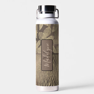 Chic Feathers with Zebra Print Monogram Water Water Bottle