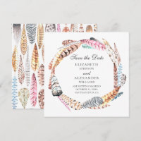 Chic feathers wreath. Boho wedding save the date