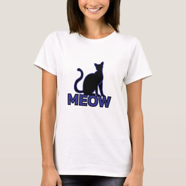 Chic Feline Charm - Blue ‘MEOW’ Cat Silhouette  T-Shirt (Front)