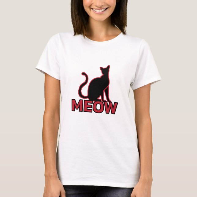 Chic Feline Charm - Red ‘MEOW’ Cat Silhouette  T-Shirt (Front)
