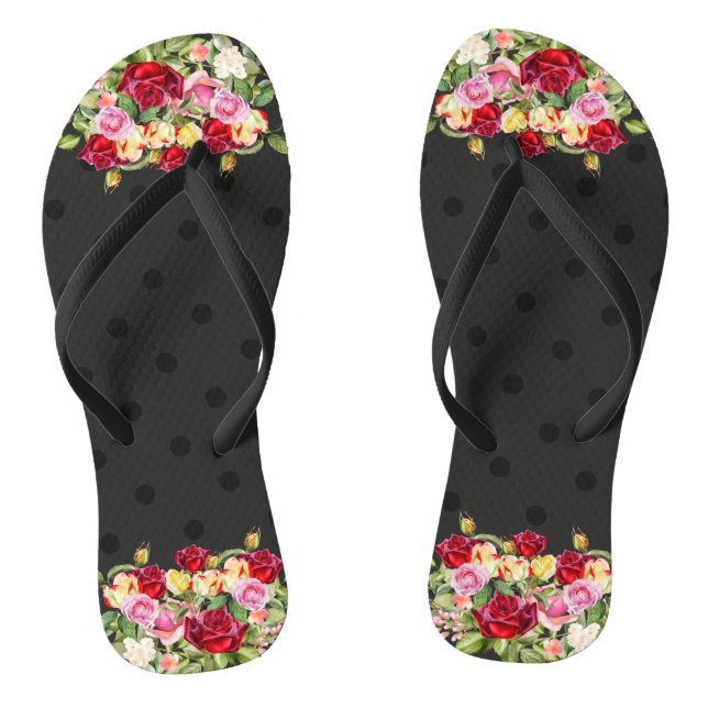 Chic Feminine Black Polka Dots and Roses  Flip Flops (Footbed)