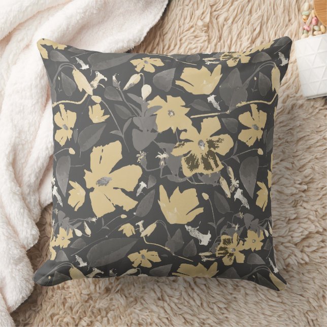 Chic Feminine Gold Grey Floral Pattern Throw Pillow (Blanket)