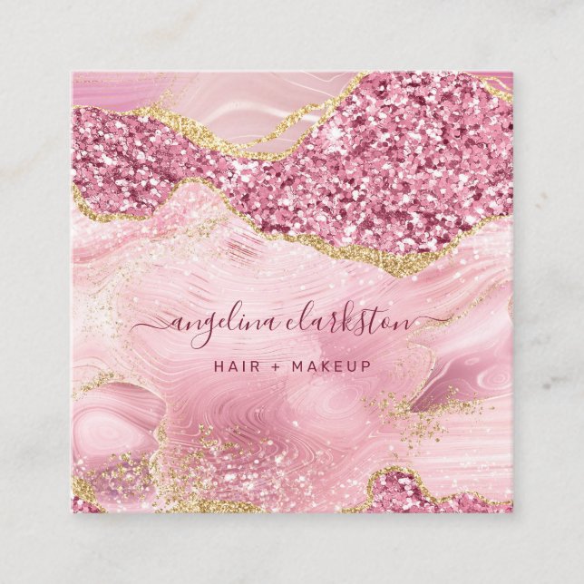 Chic Feminine Gold Pink Glitter Marble Agate Square Business Card (Front)