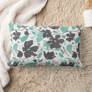 Chic Feminine Grey Teal Floral Pattern Lumbar Pillow