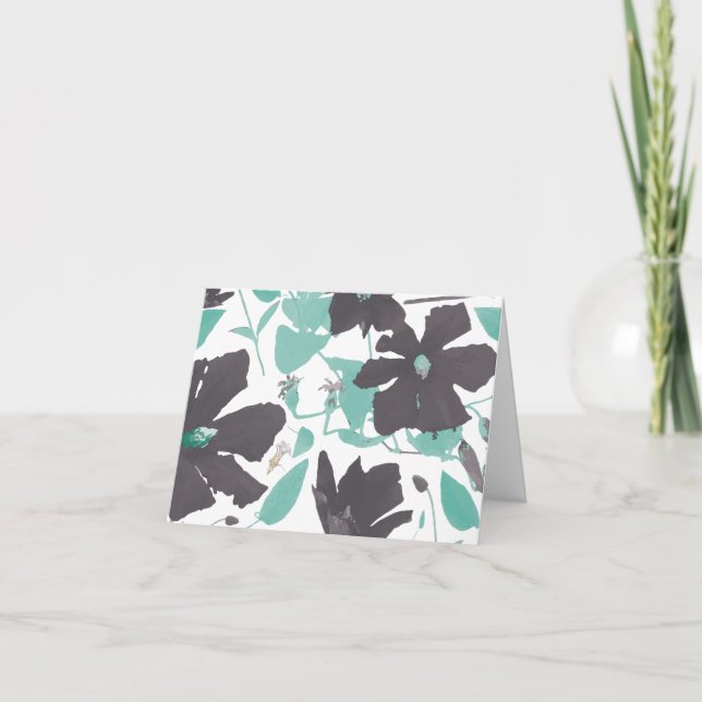 Chic Feminine Teal Grey Floral Pattern Card (Front)