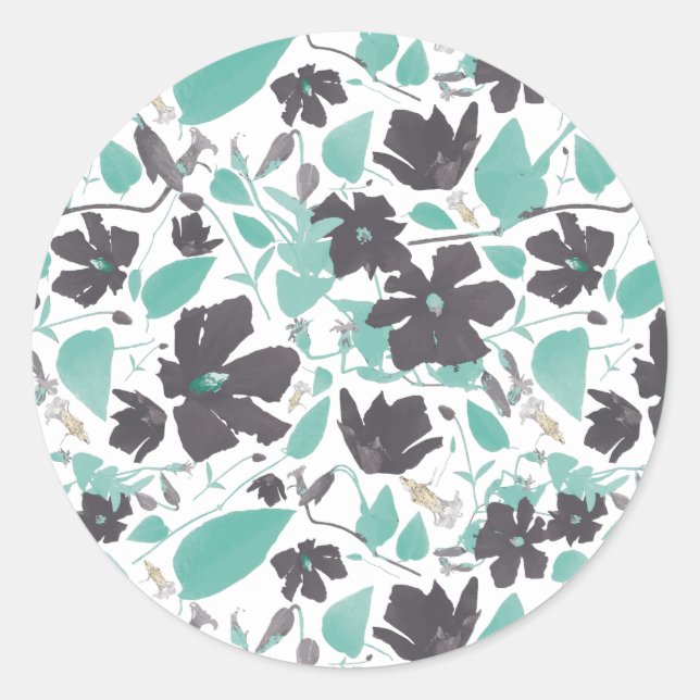 Chic Feminine Teal Grey Floral Pattern Classic Round Sticker (Front)