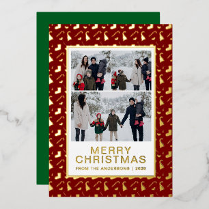 Chic Festive Candy Cane 3 Photo Family Christmas Foil Holiday Card