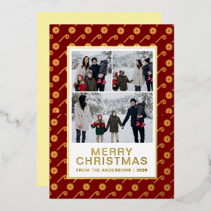 Chic Festive Candy Cane 3 Photo Family Christmas Foil Holiday Card
