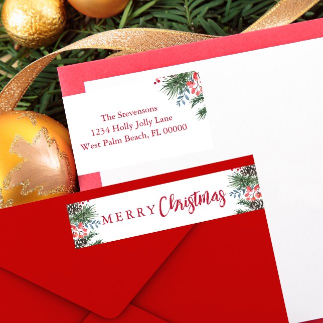 Chic Festive Holly Berries Merry Christmas Wrap Around Label (Creator Uploaded)