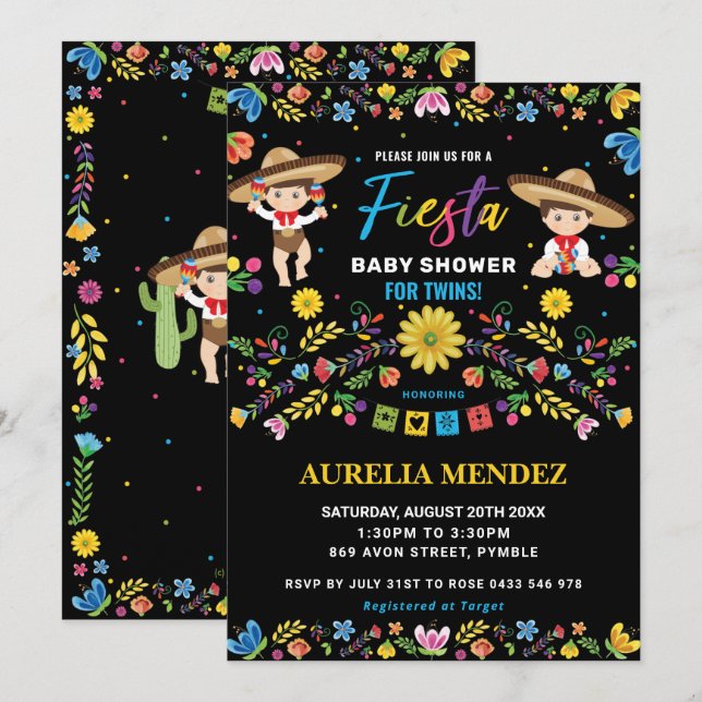 Chic Fiesta Mexican Twin Baby Boys Twins Shower  Invitation (Front/Back)