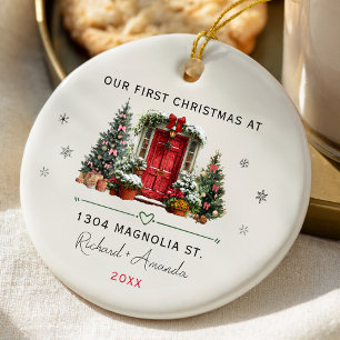 Chic First Christmas at our new home address door Ceramic Ornament