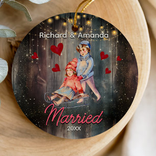 Chic first Christmas married cute couple  Ceramic Ornament