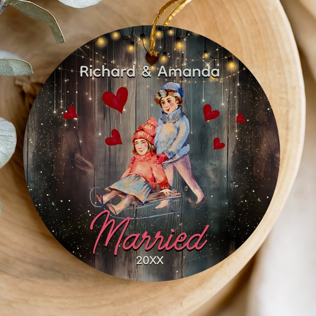 Chic first Christmas married cute couple  Ceramic Ornament (Creator Uploaded)