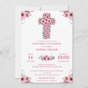 Chic First Holy Communion Girl Pink Flower Cross I Invitation