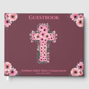 Chic First Holy Communion Pink Flower Cross Girl Guest Book