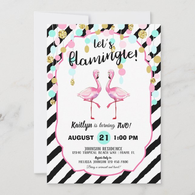 Chic Flamingo Stripe and Confetti Birthday Invitation (Front)