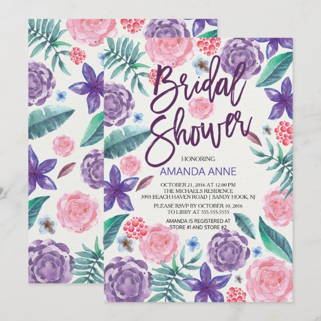 Chic Fleurs d'aquarelle Invitation de douche nupti (Devant / Derrière)